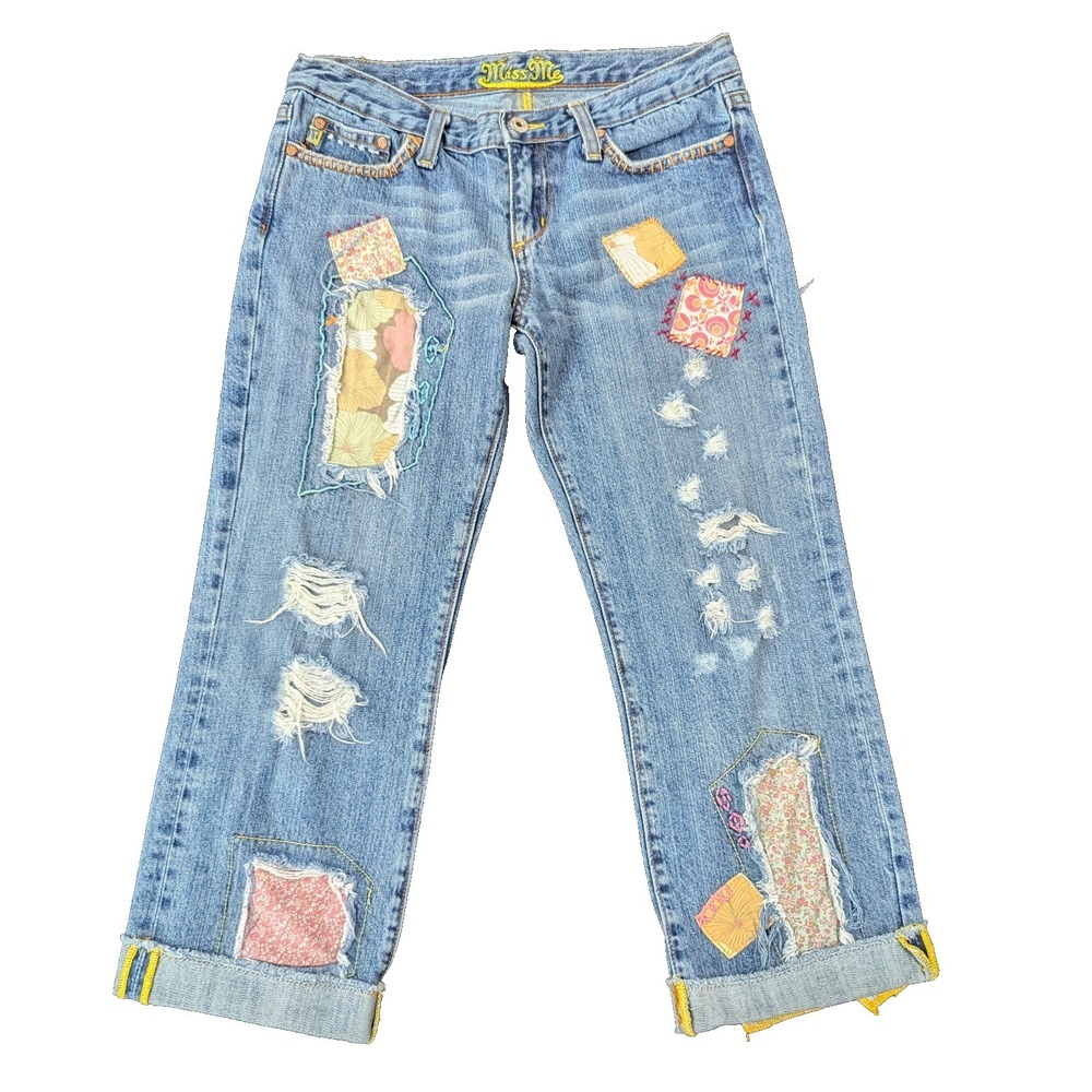 Miss Me Light Blue Distressed Cropped Jeans with Floral Patchwork